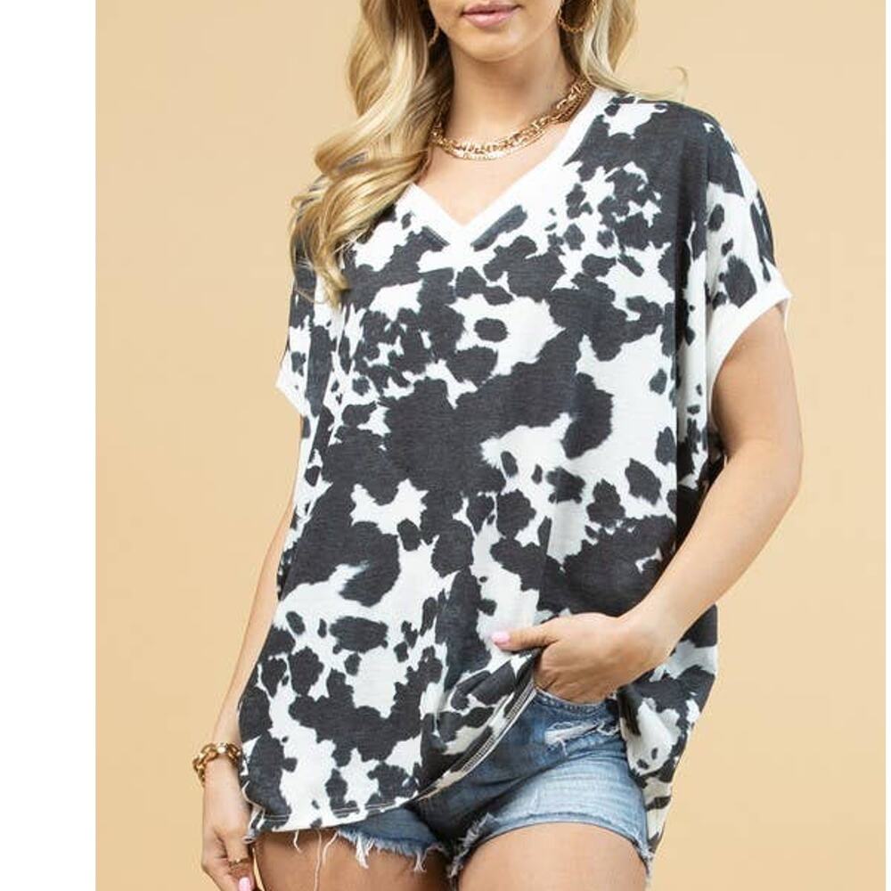 Naomi Cow Print Dolman Sleeve Top | Black